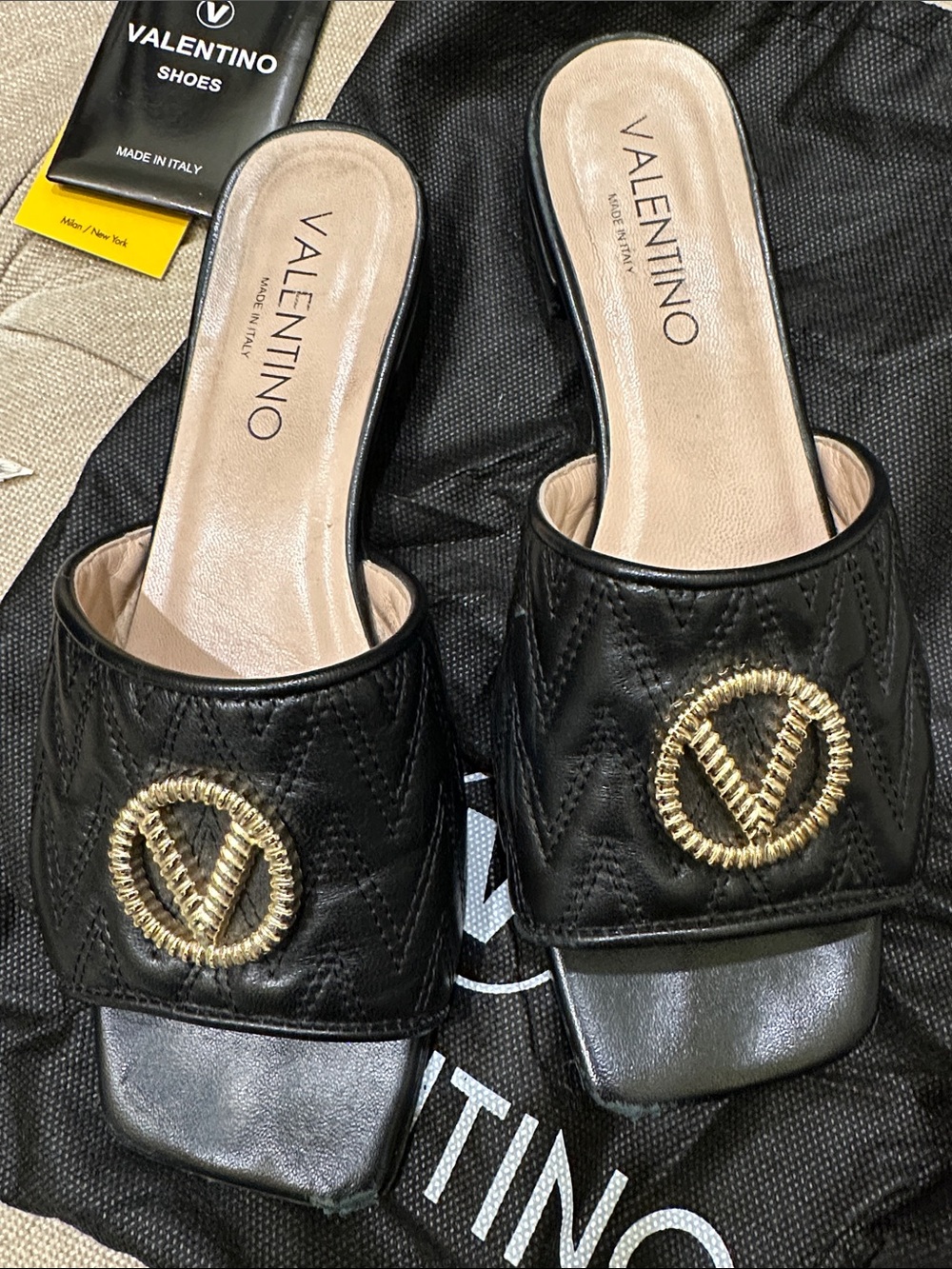 Valentino  Afrodite Black Quilted Leather Slides with Gold Logo Accent - Picture 3 of 6